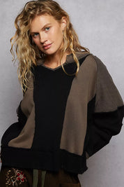 POL Color Block Waffle Knit Raw Hem Sweatshirt | Sweatshirts Daverri Fashions