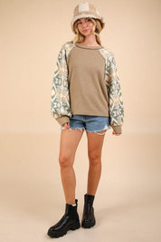 VERY J Printed Long Sleeve Round Neck Knit Top Camel | Knit Tops Daverri Fashions
