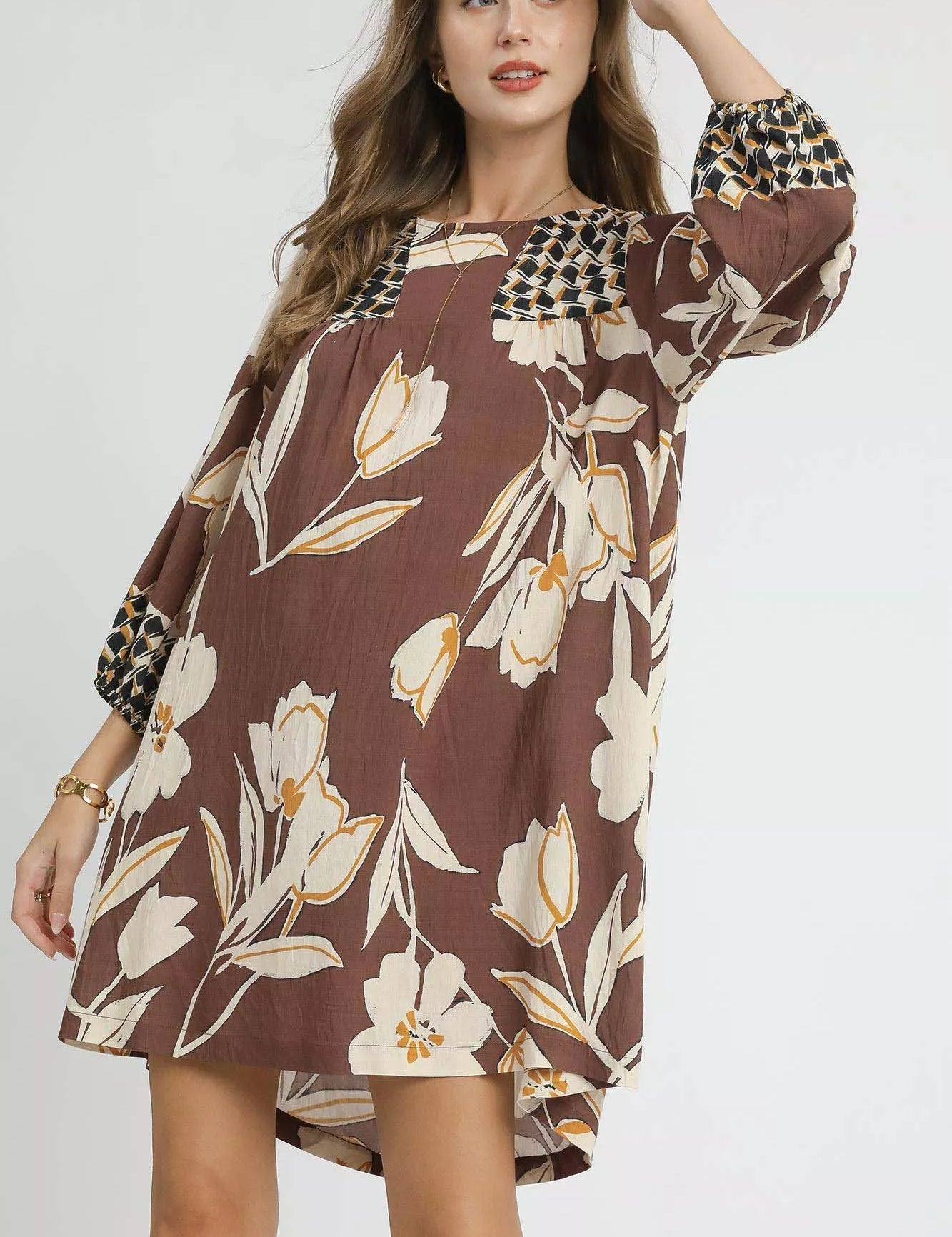 BROWN MIX Umgee Floral High-Low Babydoll Dress | Babydoll Dresses Daverri Fashions