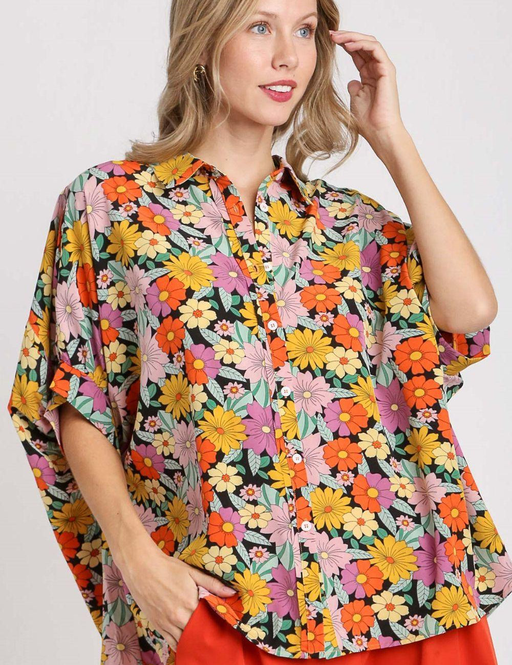 BLACK MIX Umgee Full Size Flower Print Boxy Cut Button Down Shirt | Shirts Daverri Fashions