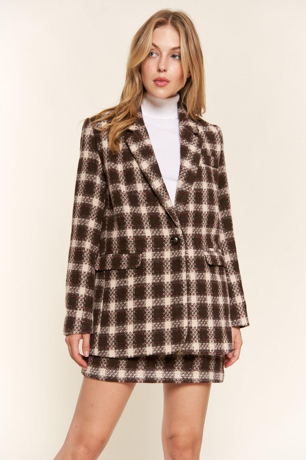 And The Why Full Size Plaid Brushed One Button Blazer | Daverri Fashions