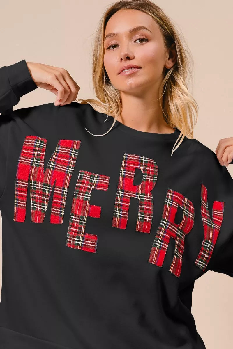 BLACK RED PLAID BiBi Plaid Merry Lettering Christmas Fleece Sweatshirt | Sweatshirts Daverri Fashions