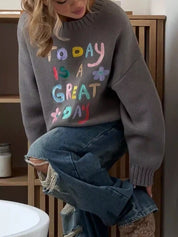 Embroidered 'Great Day' Dropped Shoulder Sweater | Sweaters Daverri Fashions