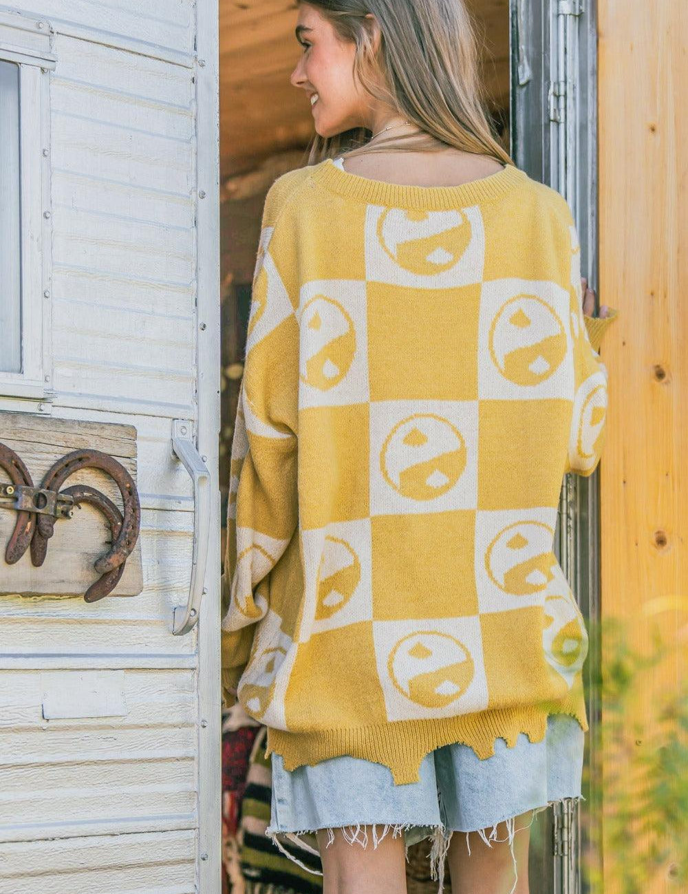 And The Why Checkerboard Sweater with Yin Yang Pattern | Sweaters Daverri Fashions