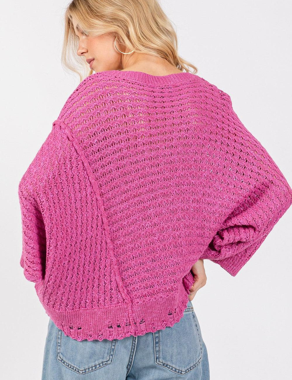 SAGE + FIG Magenta Distressed Asymmetrical Open Stitch Sweater | Sweaters Daverri Fashions