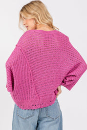 SAGE + FIG Magenta Distressed Asymmetrical Open Stitch Sweater | Sweaters Daverri Fashions