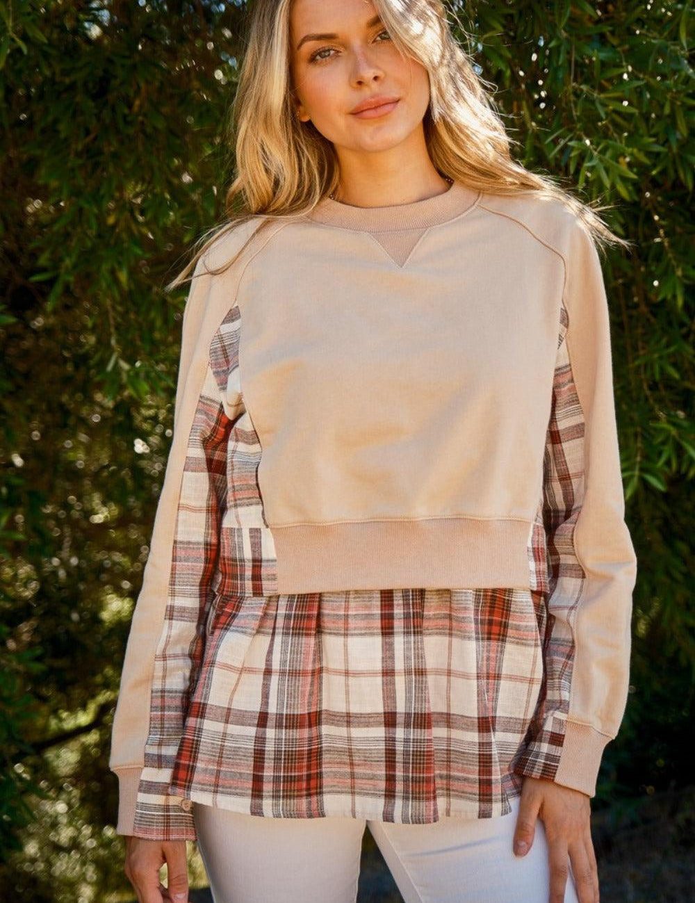 Taupe And The Why Full Size Double Layered Plaid Contrast Sweatshirt | Sweatshirts Daverri Fashions