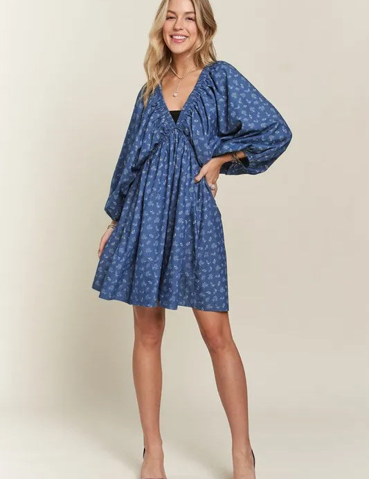 DENIM WHITE ADORA Batwing Sleeves Floral Dress | Daverri Fashions