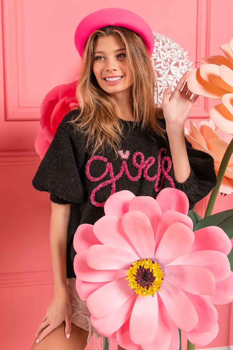 BiBi Metallic Letter Short Puff Sleeve Hairy Sweater | Sweaters Daverri Fashions