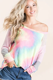 BiBi Tie Dye Terry Top with Color Block Pointelle Knit | Tops Daverri Fashions