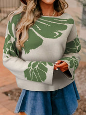 Leaf Round Neck Long Sleeve Sweater | Sweaters Daverri Fashions