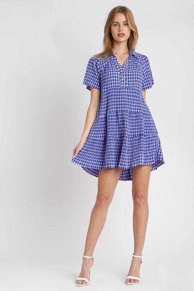 Umgee Full Size Gingham Tiered Button Detail Short Sleeve Dress Plus Size | Daverri Fashions