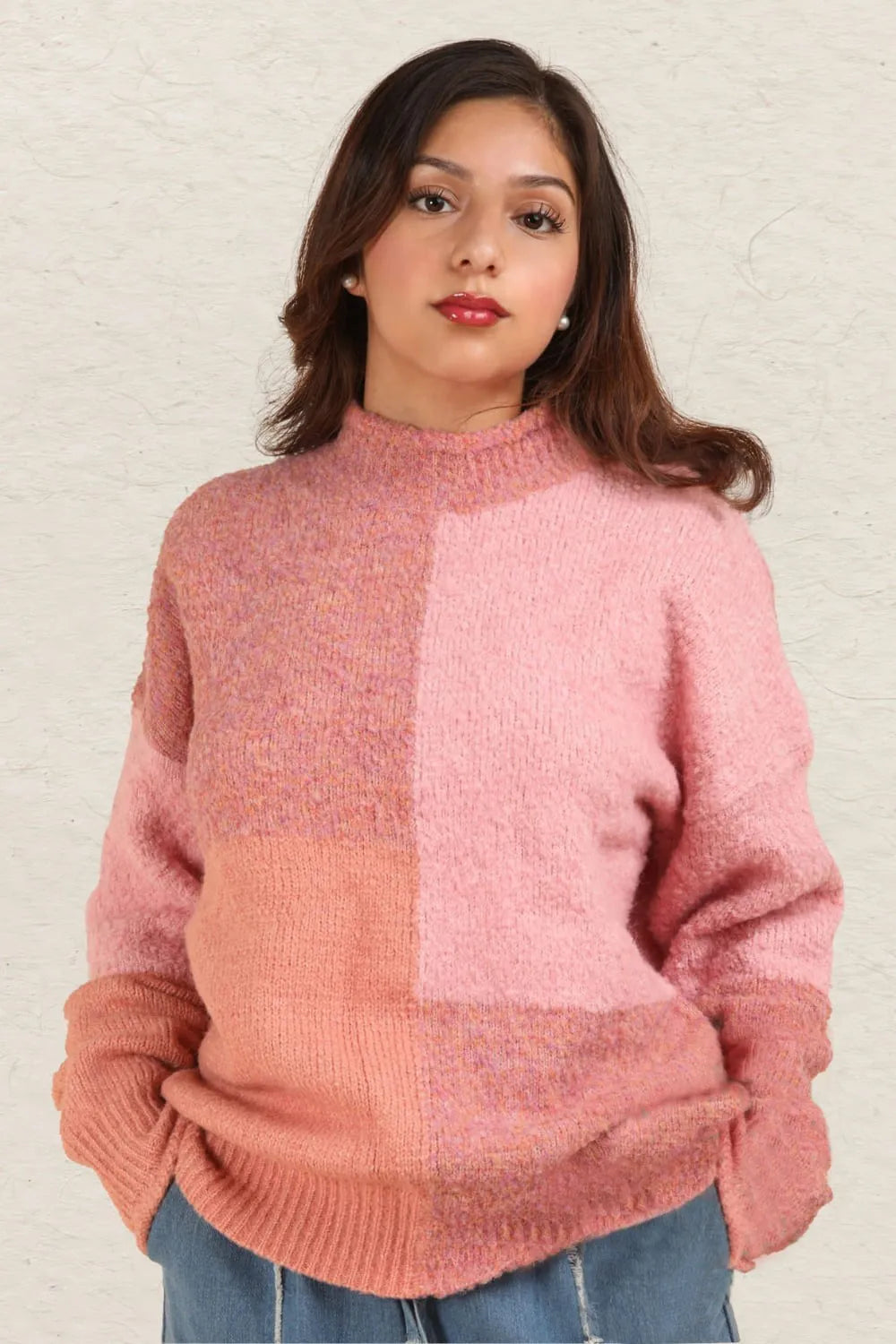 Pink VERY J Color Block Mock Neck Drop Shoulder Sweater Pink | Sweaters Daverri Fashions