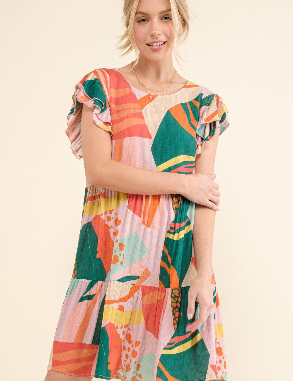 GREENERY And The Why Printed Double Ruffle Sleeve Dress | Daverri Fashions