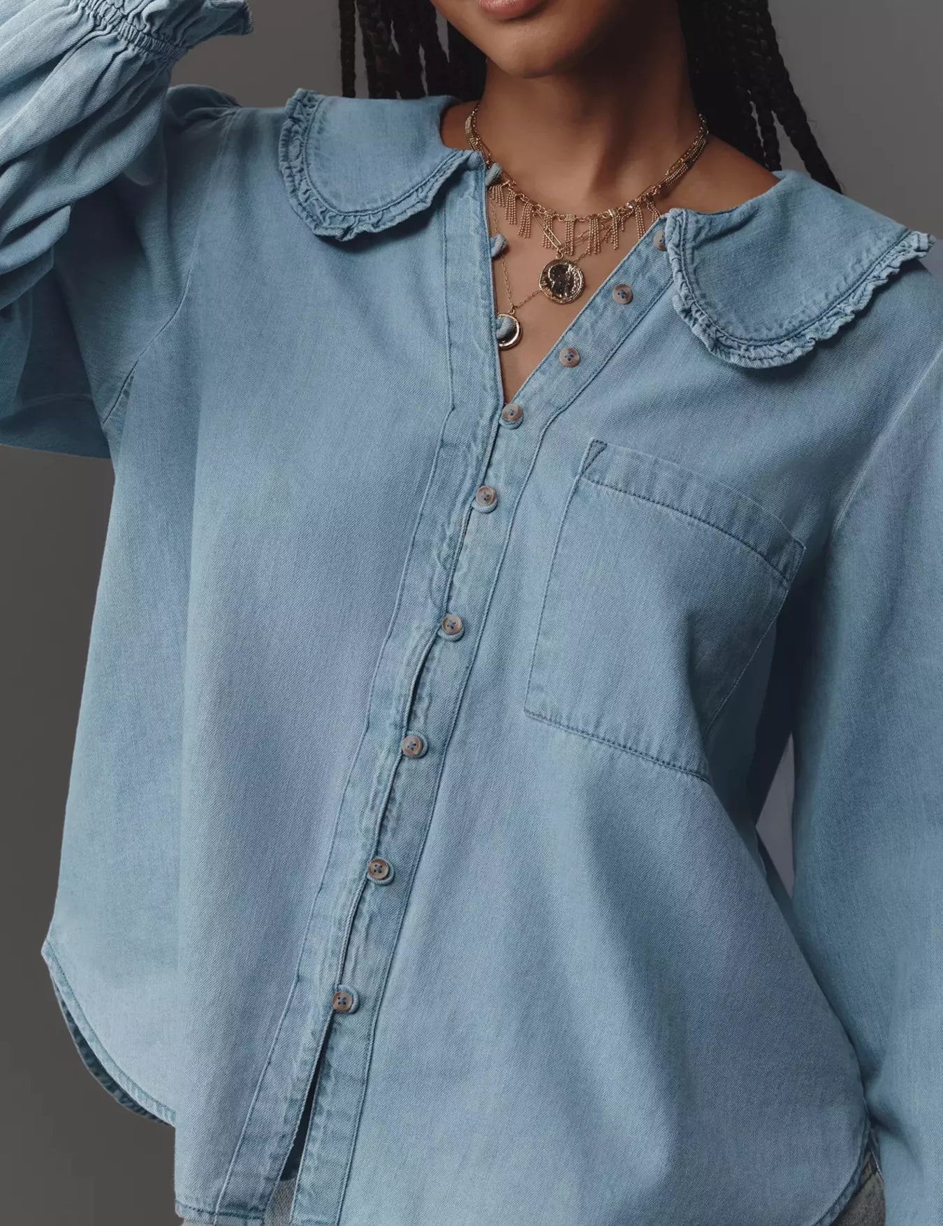 Peter Pan Collar Ruffled Denim Shirt | Shirts Daverri Fashions