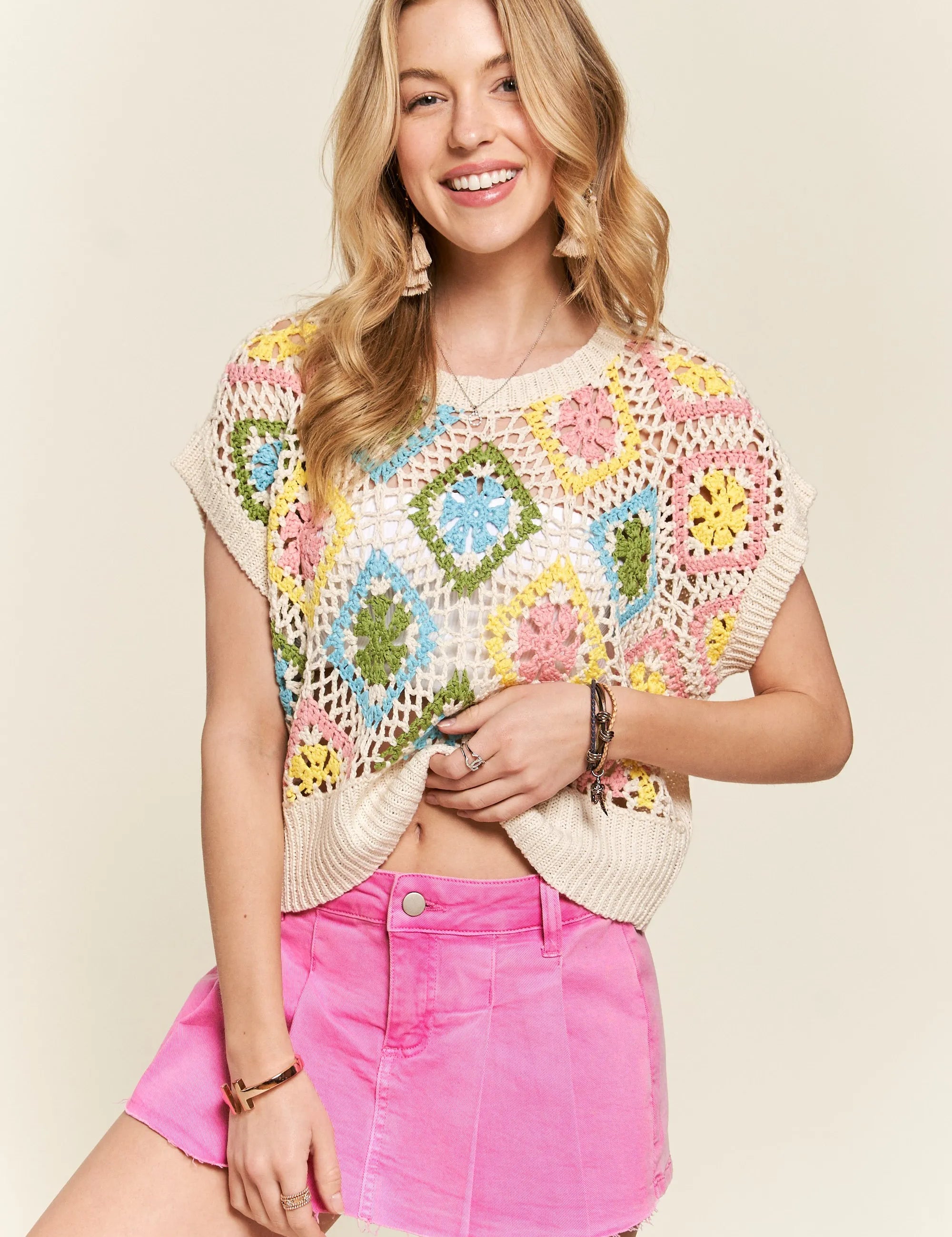 NATURAL ADORA Multicolor Crochet Top | Sweaters Daverri Fashions