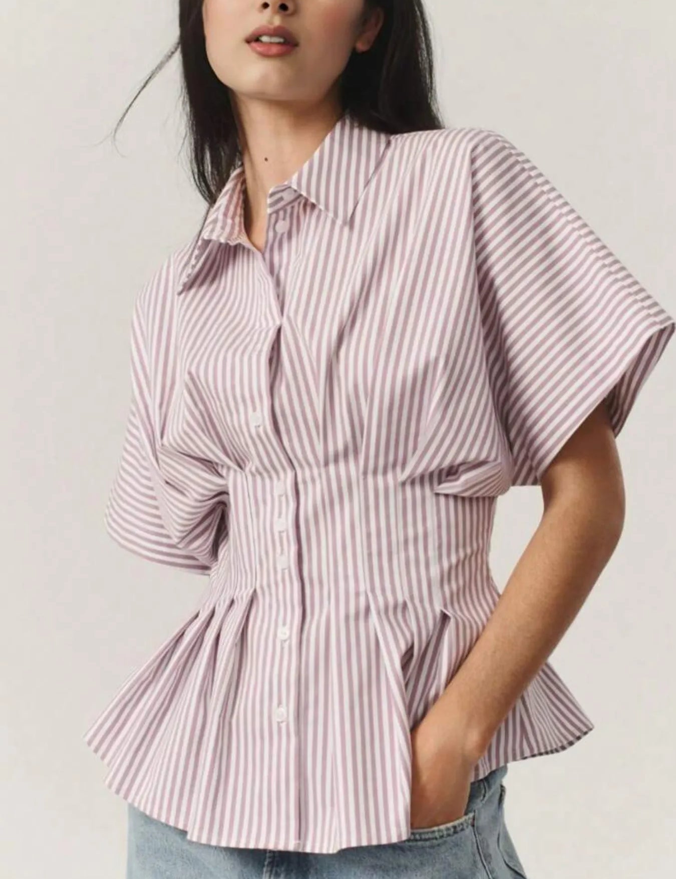 Blush Pink Striped Short Sleeve Button-Up Shirt | Daverri Fashions