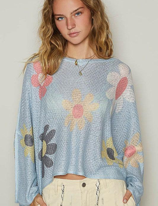 Baby Blue L POL Flower Dropped Shoulder Long Sleeve Knit Top | Tops Daverri Fashions
