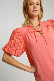 Umgee Full Size Heart Lace Sleeve Ruffle Collar Top Plus Size | Tops Daverri Fashions