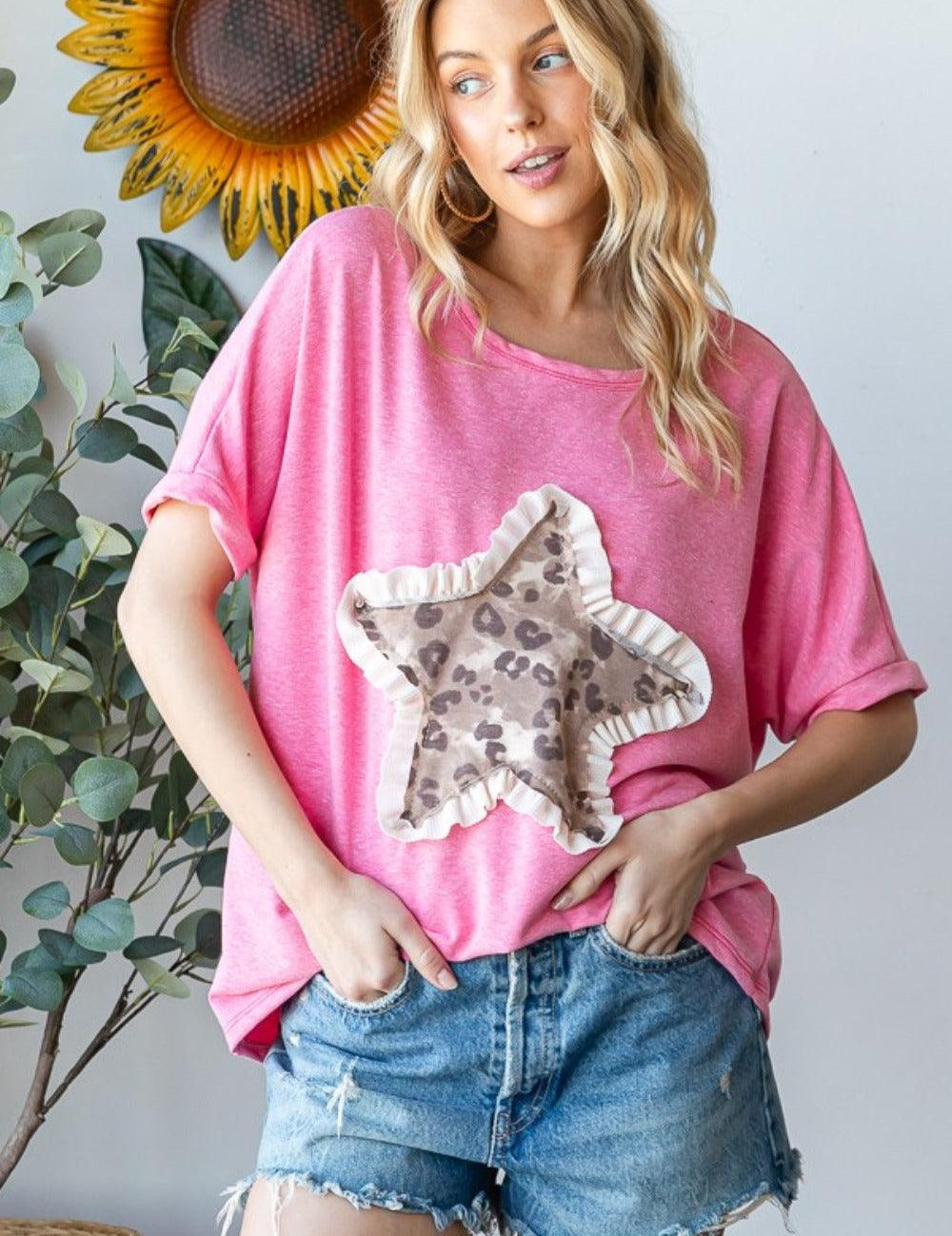 Pink HOPELY Leopard Star Patch Short Sleeve T-Shirt | T-Shirts Daverri Fashions