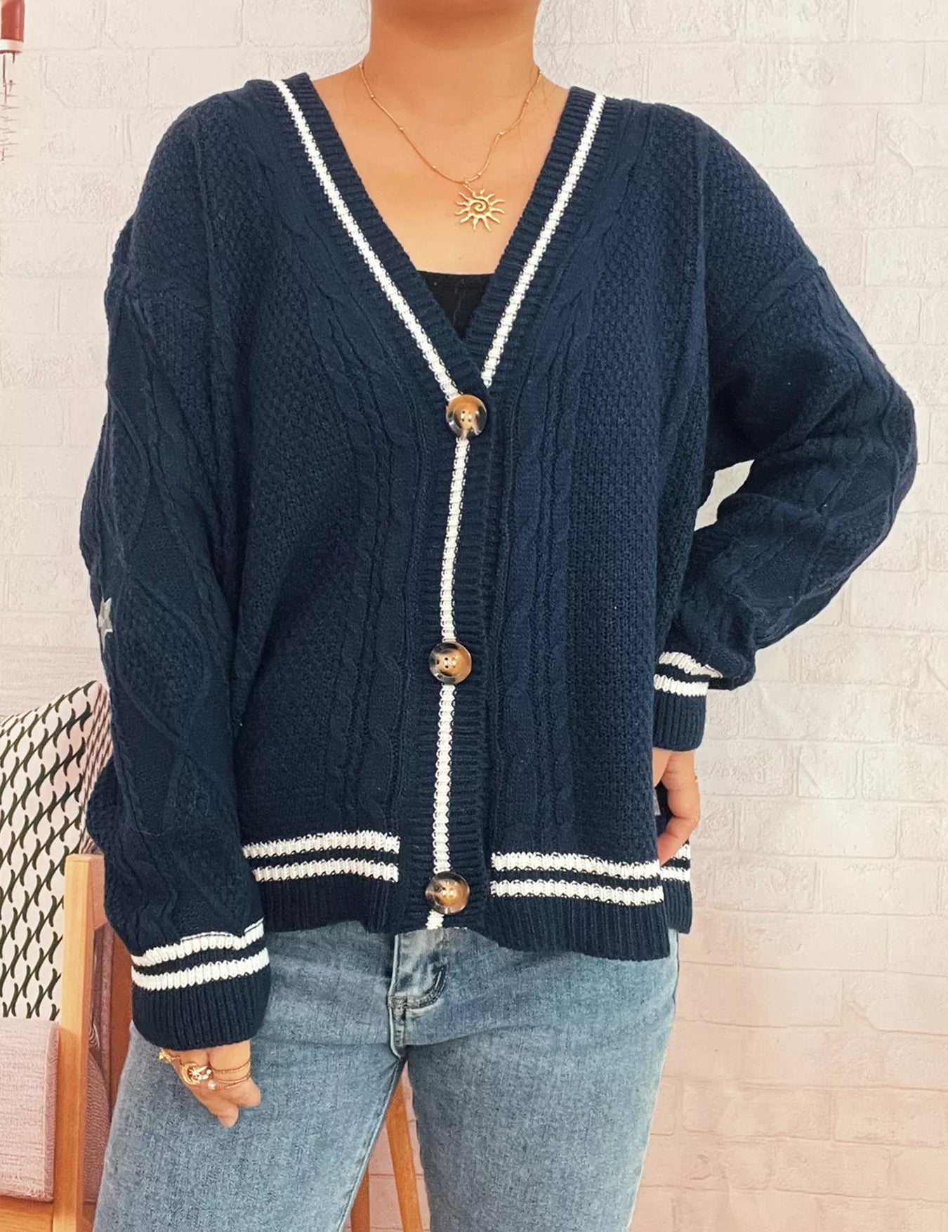 Dark Blue One Size Star Pattern Button-Up Cardigan with Contrast Trim | Cardigans Daverri Fashions