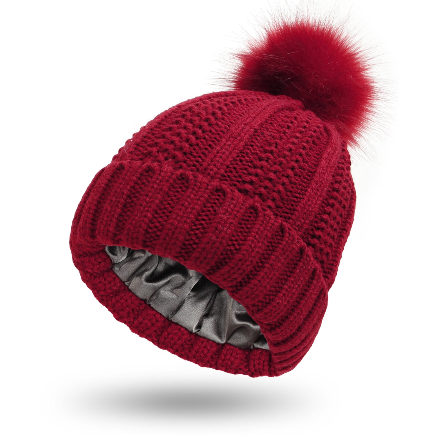 Wine Red One size Stretchy Satin-Lined Skull Knit Pom Pom Hat | Hats Daverri Fashions