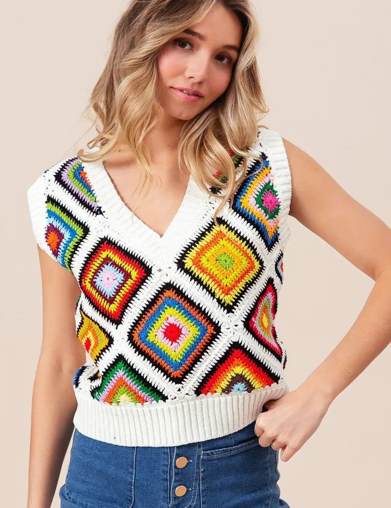 BiBi Diamond Granny Square Sweater Vest | Sweater Vests Daverri Fashions