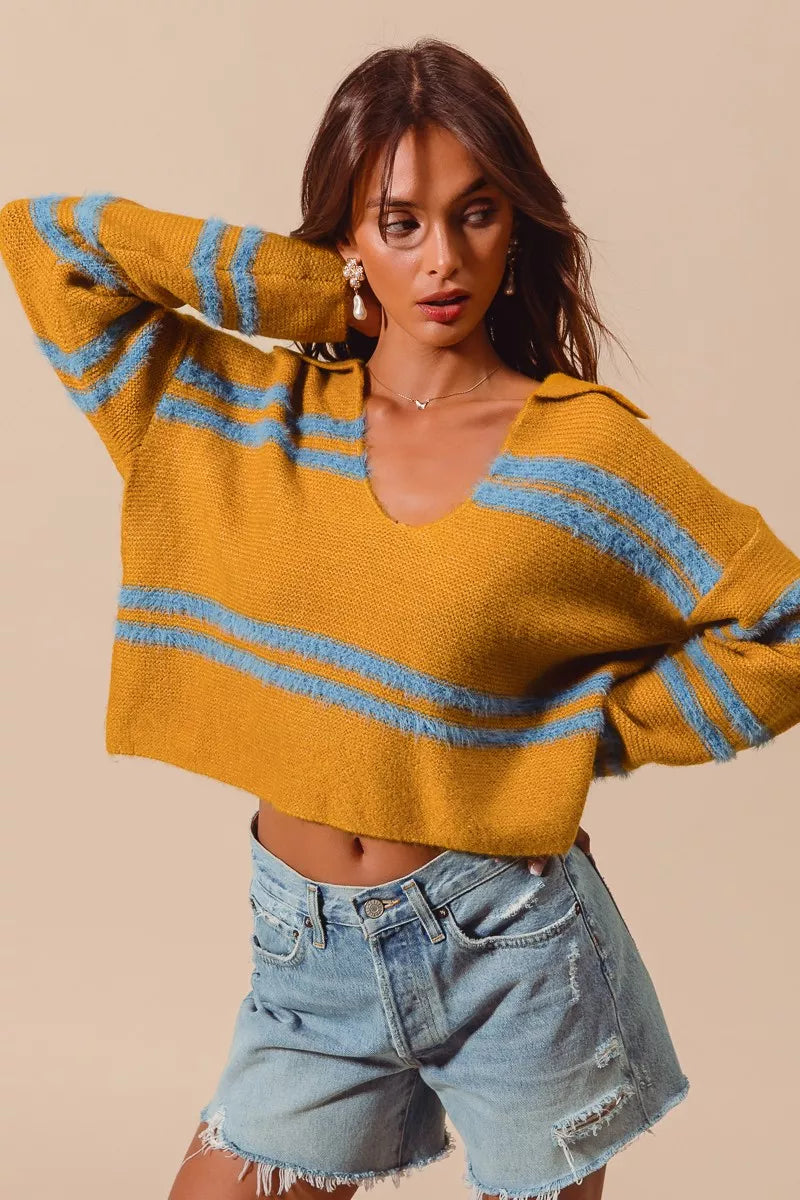SO ME Fuzzy Hairy Stripe Deep U Neck Swetaer | Sweaters Daverri Fashions