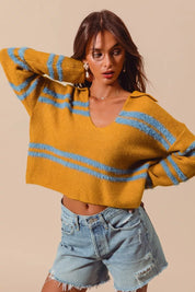 SO ME Fuzzy Hairy Stripe Deep U Neck Swetaer | Sweaters Daverri Fashions