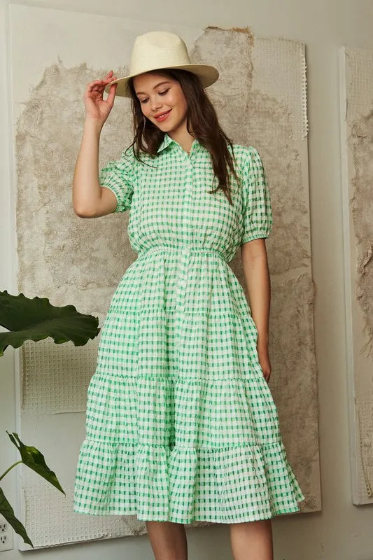 Green S Davi & Dani Checkered Puff Sleeve Tiered Shirt Dress | Knee Length Dresses Daverri Fashions
