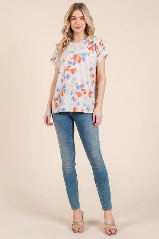 BOMBOM Floral Round Neck RIbbed T-Shirt | Daverri Fashions