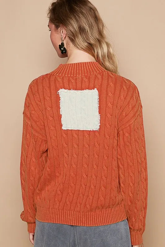 POL Cable-Knit Peace Patch Dropped Shoulder Sweater | Daverri Fashions