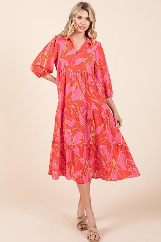 Mittoshop Tiered Printed Collared Neck Midi Dress | Mid Dresses Daverri Fashions