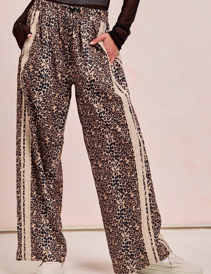 LEOPARD OATMEAL BiBi Leopard Printed Track Pants with Side Contrast Lace | Loungewear Bottoms Daverri Fashions