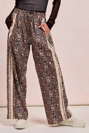 LEOPARD OATMEAL BiBi Leopard Printed Track Pants with Side Contrast Lace | Loungewear Bottoms Daverri Fashions