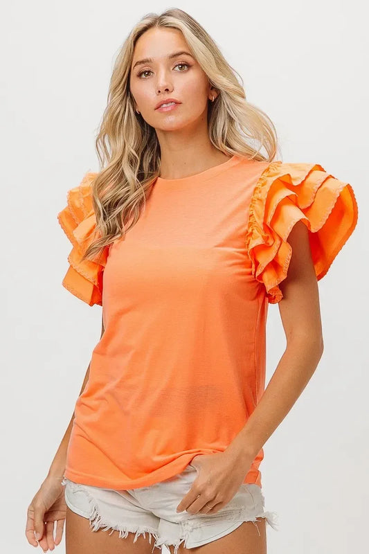 BiBi Knit Top Woven Ruffle Tiered Sleeves - DAVERRI FASHIONS