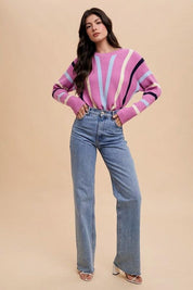 Annie Wear Chevron Stripe Round Neck Ribbed Sweater | Sweaters Daverri Fashions