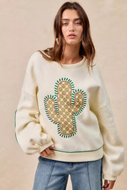 BiBi Cactus Embroidered Fleece Sweatshirt | Daverri Fashions