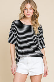 BOMBOM Striped Round Neck T-Shirt | Daverri Fashions
