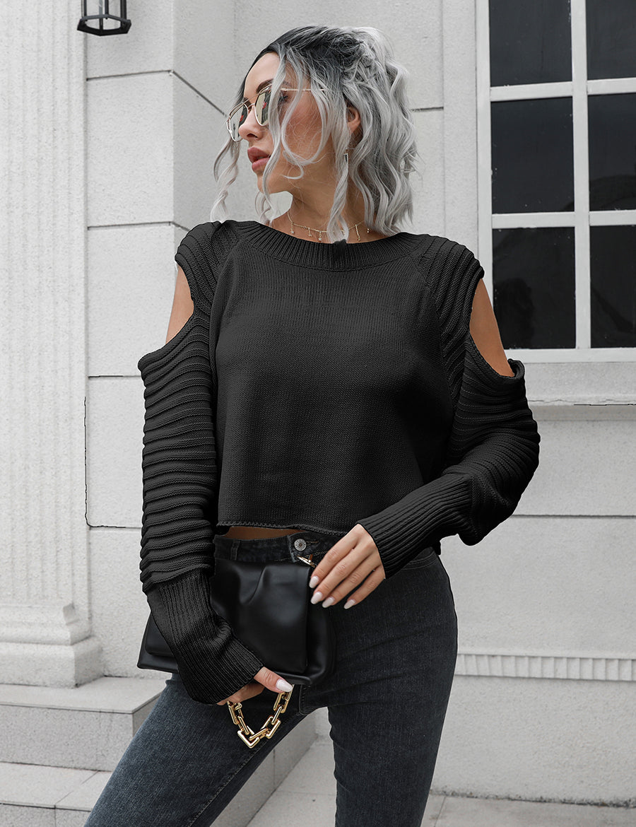 Black Cold-Shoulder Ribbed Trim Sweater | Sweaters Daverri Fashions