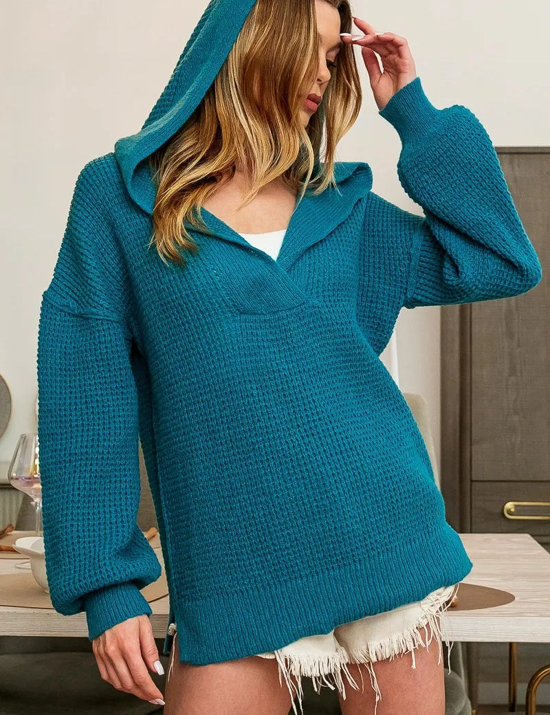 TEAL BiBi Raw Edge Detail V-Neck Sweater Hoodie | Hoodies Daverri Fashions