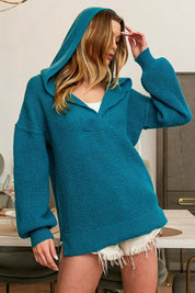 TEAL BiBi Raw Edge Detail V-Neck Sweater Hoodie | Hoodies Daverri Fashions
