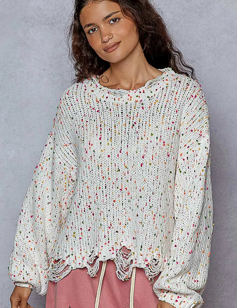 POL Round Neck Fringed Hem Sweater | Sweaters Daverri Fashions