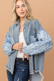 And The Why Full Size Paisley Print Quilted Sleeves Denim Jacket | Daverri Fashions