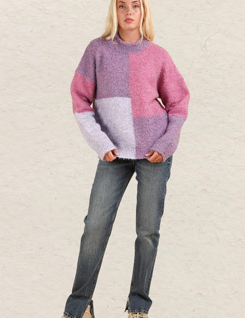 VERY J Color Block Mock Neck Drop Shoulder Sweater Purple | Sweaters Daverri Fashions