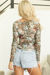 Floral Print Mesh Fitted Long Sleeve Top | Tops Daverri Fashions