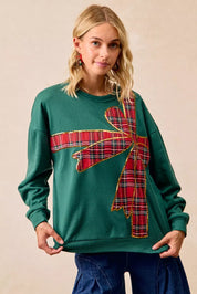 BiBi Plaid Ribbon Bow Detail Christmas Fleece Pullover | Sweatshirts Daverri Fashions