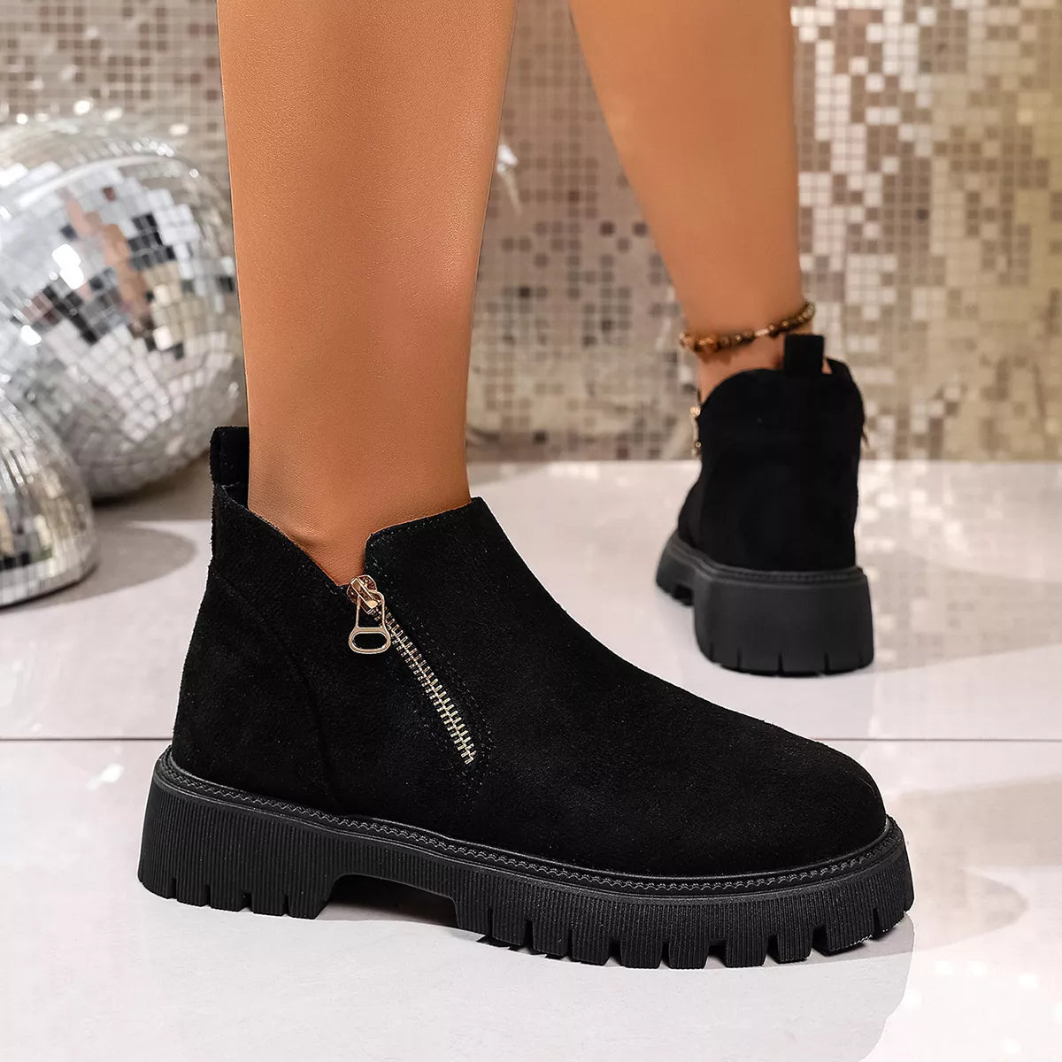 Black Bria Round Toe Side Zip Ankle Boots | Boots Daverri Fashions