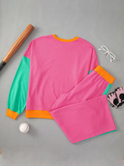 Color Block Round Neck Top and Pants Set | Loungewear Sets Daverri Fashions