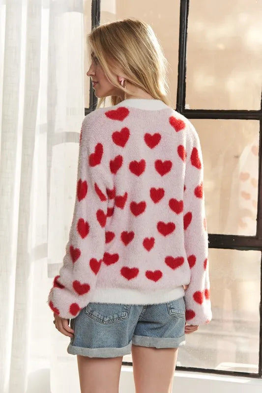 ADORA Fuzzy Heart Button Down Cardigan | Cardigans Daverri Fashions